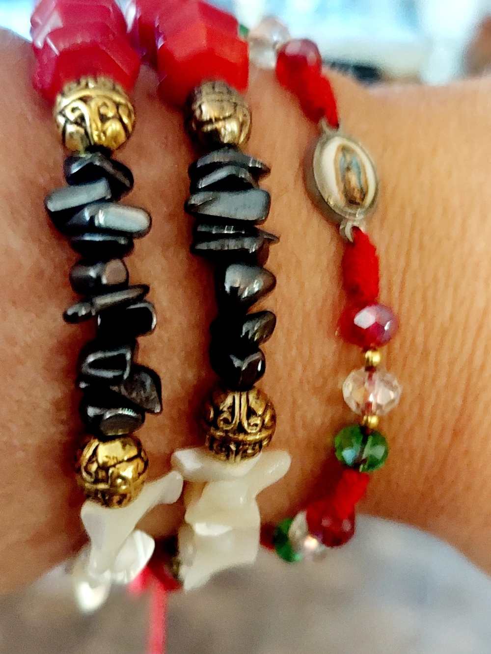 Red Gem Stones Beaded Women's 2 Bracelets Stack with Hematite and Gold Accents